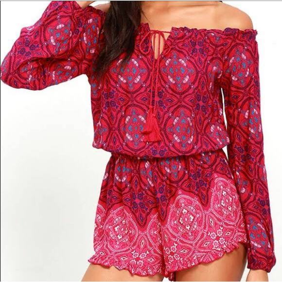 O'Neill Womens S Nashville Red Print Off Shoulder Romper Boho Red Pink Summer - Picture 1 of 11